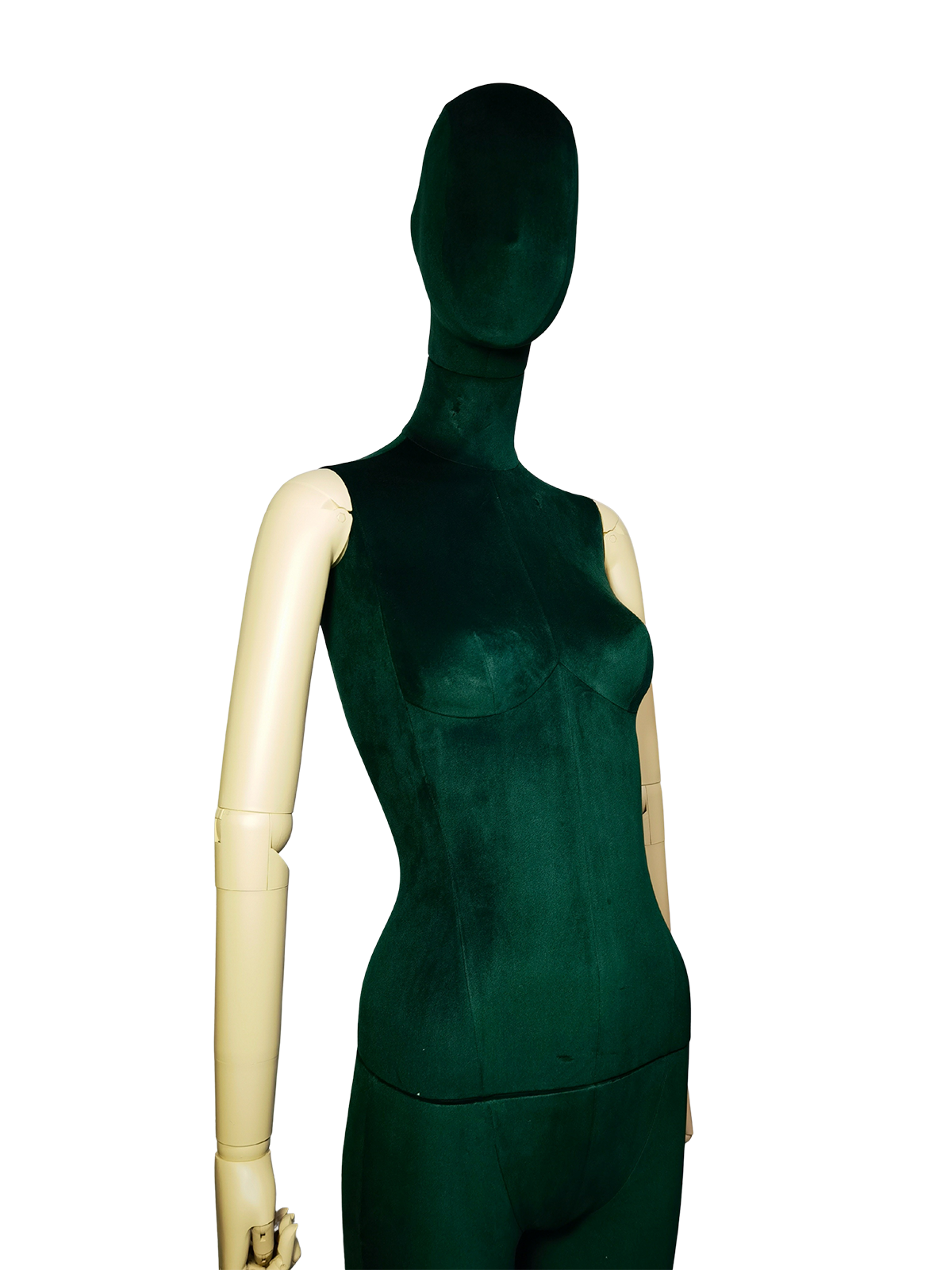 xintu-premium-grüner-Samt-weibliche-Schaufensterpuppe-verstellbare-weiße-Arme-Detail Nahaufnahme aus einem bestimmten Winkel einer weiblichen XINTU-Schaufensterpuppe mit einem dunkelgrünen Samtkörper und einem abstrakten Kopf sowie kontrastierenden weißen, verstellbaren Armen.