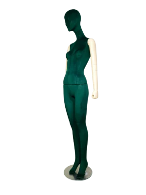 xintu-premium-grüner-Samt-weibliche-Ganzkörper-Schaufensterpuppe-verstellbare-weiße-Arme-Metallfuß-abgewinkelt Xintu Premium grüne Samt-Ganzkörper-Schaufensterpuppe für Frauen, verstellbare weiße Arme und Metallfuß, abgewinkelt