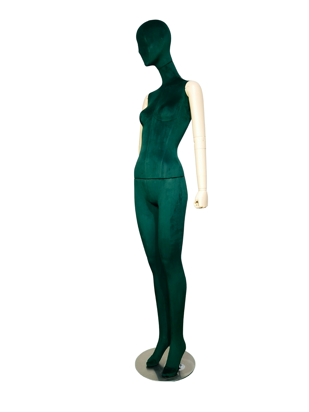 xintu-premium-grüner-Samt-weibliche-Ganzkörper-Schaufensterpuppe-verstellbare-weiße-Arme-Metallfuß-abgewinkelt Xintu Premium grüne Samt-Ganzkörper-Schaufensterpuppe für Frauen, verstellbare weiße Arme und Metallfuß, abgewinkelt