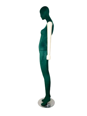 xintu-premium-grüner-Samt-weibliche-Ganzkörper-Schaufensterpuppe-verstellbare-weiße-Arme-Metallfuß-seitlich xintu Premium Leinen-Halbkörper-Schaufensterpuppe, verstellbare dunkle Holzarme und schwarzer Stativfuß (Seitenansicht)