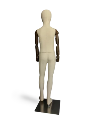 Maniquí infantil de cuerpo entero Xintu Premium Linen, brazos ajustables de madera oscura, base cuadrada de metal cepillado, vista posterior