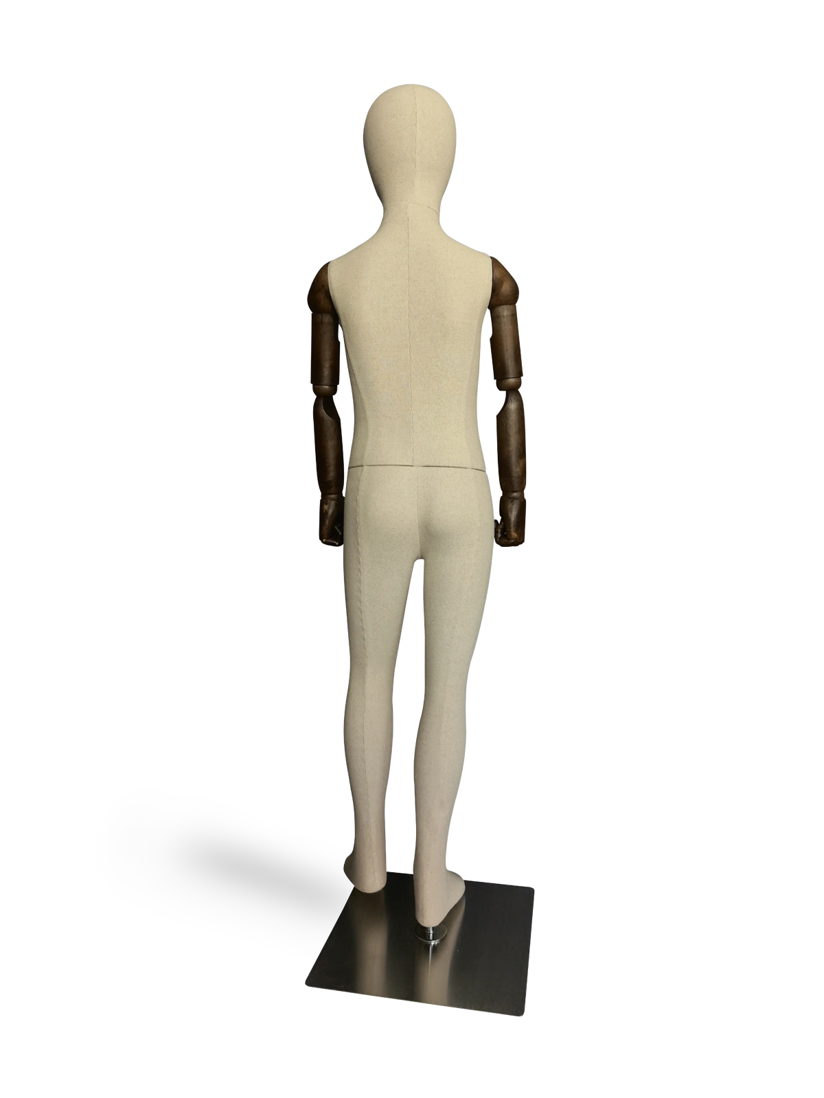 Maniquí infantil de cuerpo entero Xintu Premium Linen, brazos ajustables de madera oscura, base cuadrada de metal cepillado, vista posterior