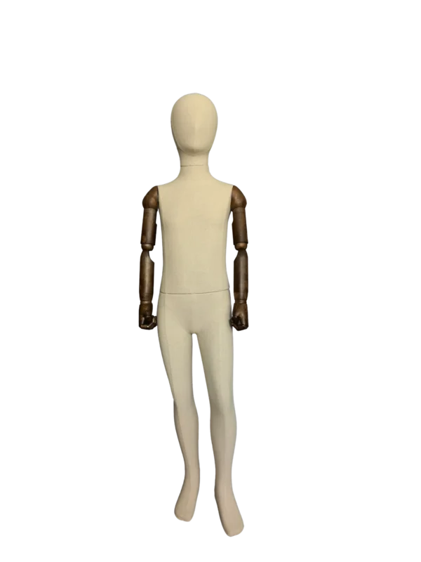 xintu-premium-linen-child-full-body-display-mannequin-adjustable-dark-wooden-arms-brushed-metal-square-base-front xintu premium linen child full-body display mannequin adjustable dark wooden arms brushed metal square base front view