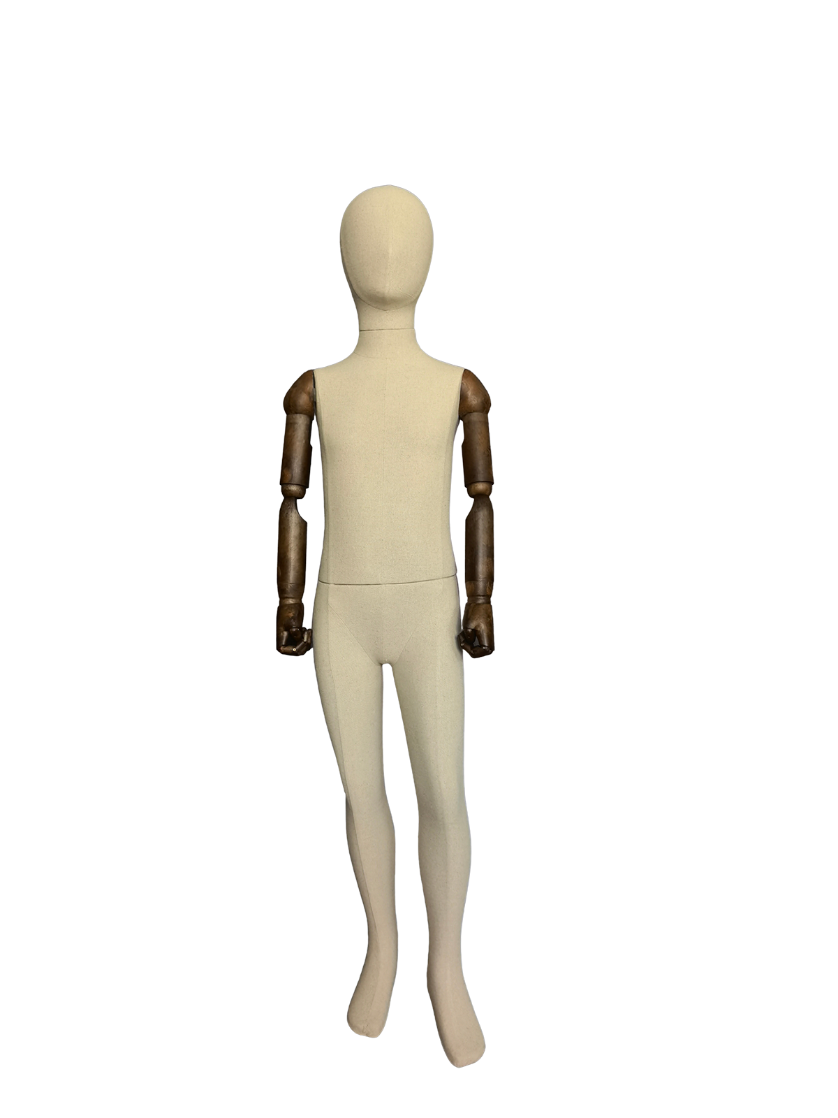 Maniquí infantil de cuerpo entero Xintu Premium Linen, brazos ajustables de madera oscura, base cuadrada de metal cepillado, vista frontal