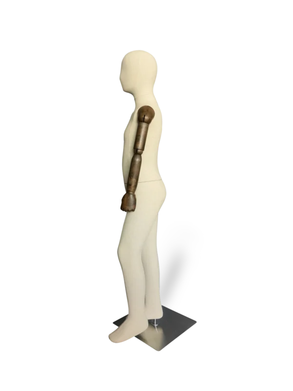 xintu premium linen child full-body display mannequin adjustable dark wooden arms brushed metal square base side view