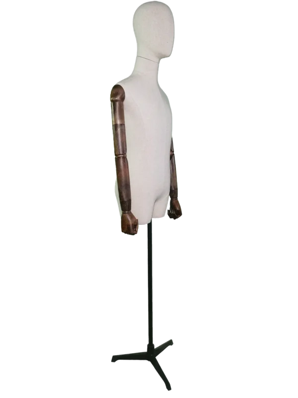 xintu premium linen male half-body display mannequin adjustable dark wooden arms black tripod base angled side view