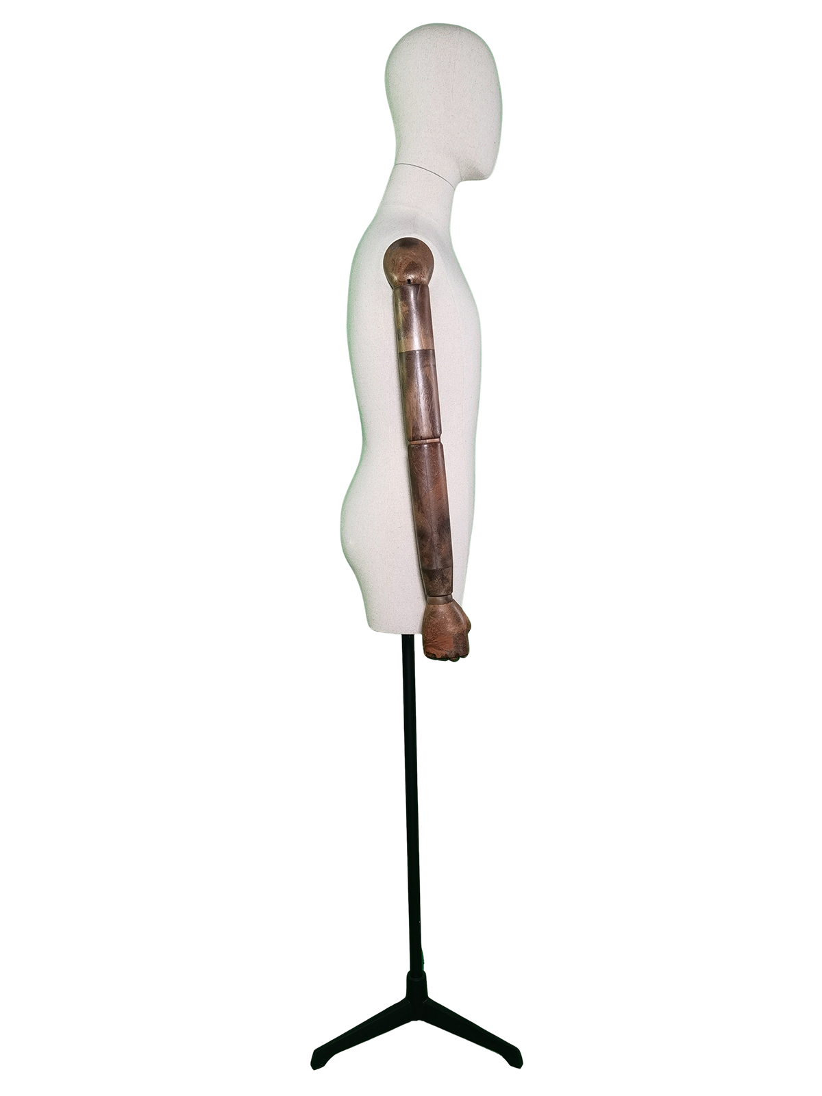 Maniquí infantil de medio cuerpo xintu-premium-linen-midf-body-display-mannequin-adjustable-dark-wooden-bras-base-trípode-negra-side Maniquí de medio cuerpo masculino Xintu Premium Linen, brazos ajustables de madera oscura, base trípode negra, vista lateral