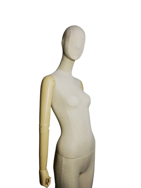 Mannequin féminin en lin à bras peints articulés et socle métallique rond