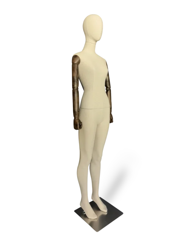 xintu premium linen female full-body display mannequin adjustable dark wooden arms brushed metal square base angled view