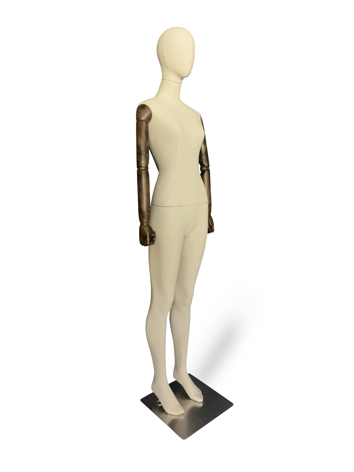 xintu-premium-linen-female-full-body-display-mannequin-adjustable-dark-wooden-arms-rushed-metal-square-base-angled 鑫途高級亞麻女式全身展示模特,可調節深色木質手臂,拉絲金屬方形底座,斜角視角