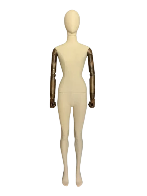 xintu-premium-linen-female-full-body-display-mannequin-adjustable-dark-wooden-arms-rushed-metal-square-base-front 鑫途高級亞麻女式全身展示模特,可調節深色木質手臂,拉絲金屬方形底座,正面圖