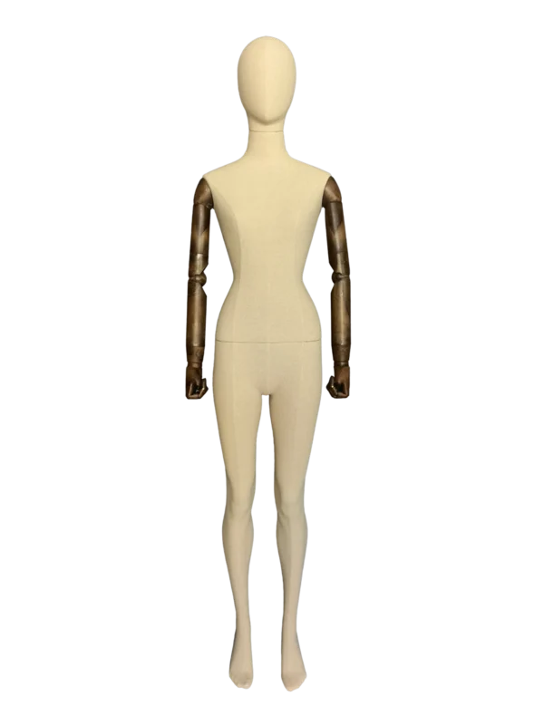 Maniquí de cuerpo entero femenino de lino premium xintu, brazos ajustables de madera oscura, base cuadrada de metal cepillado, vista frontal