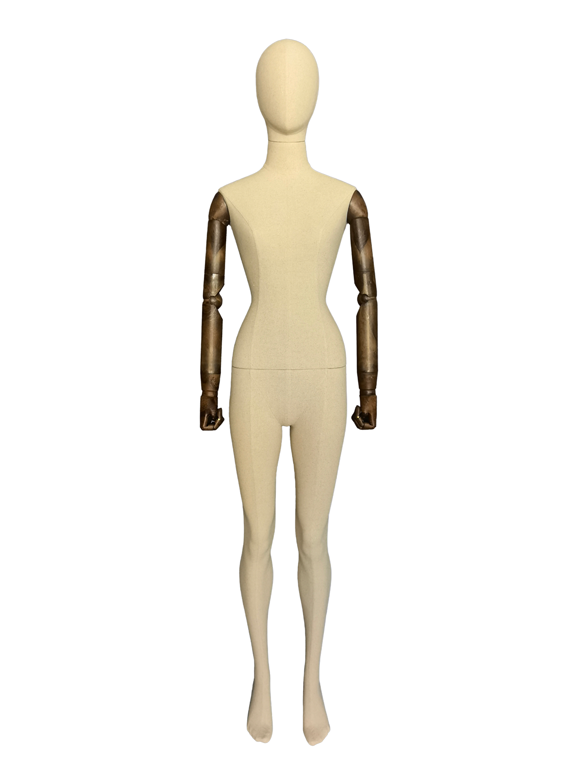 xintu-premium-linen-female-full-body-display-mannequin-adjustable-dark-wooden-arms-rushed-metal-square-base-front 鑫途高級亞麻女式全身展示模特,可調節深色木質手臂,拉絲金屬方形底座,正面圖