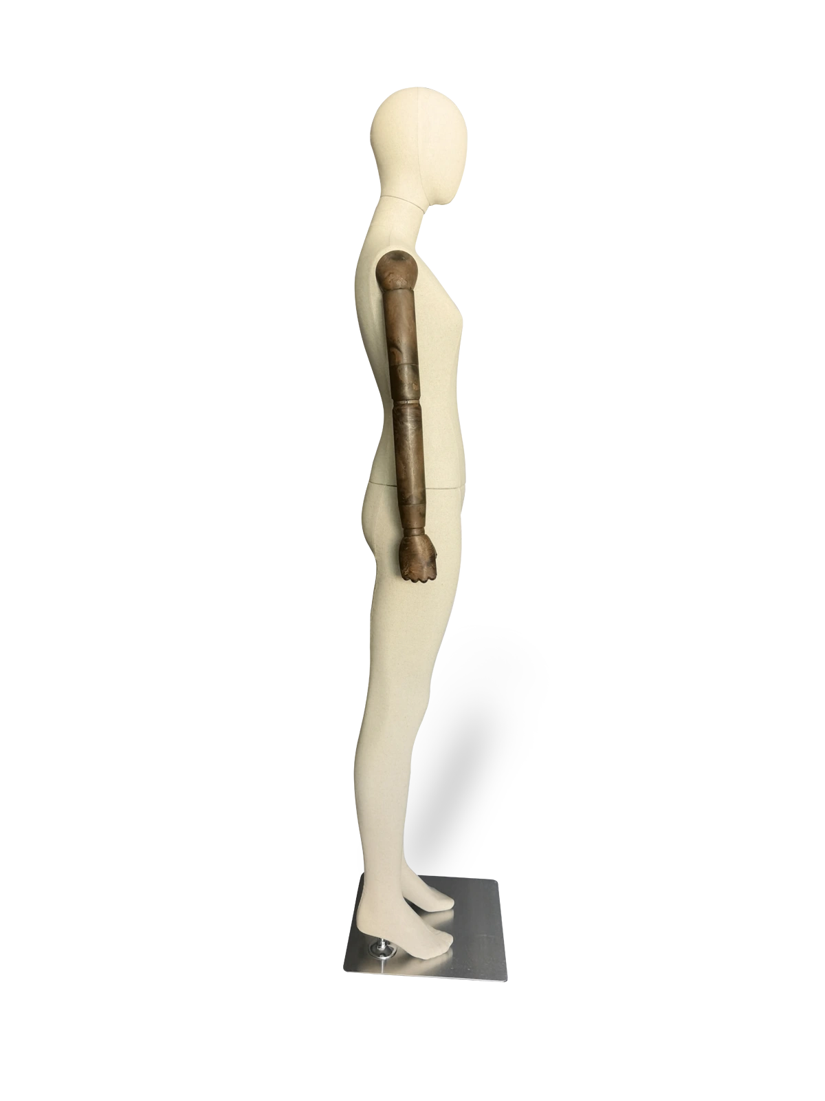 xintu-premium-linen-female-full-body-display-mannequin-adjustable-dark-wooden-arms-rushed-metal-square-base-side 鑫途高級亞麻女式全身展示模特,可調節深色木質手臂,拉絲金屬方形底座,側視圖