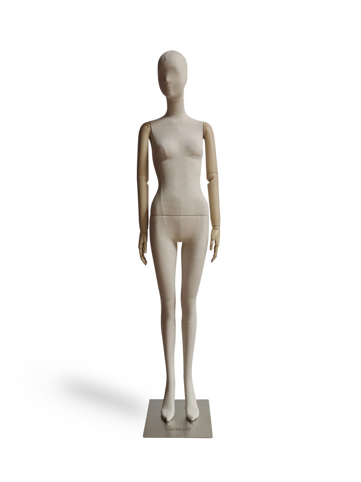 xintu-premium-lino-donna-corpo-intero-manichino-regolabile-luce-braccia-in-legno-base-quadrata-in-metallo-xachijay-front manichino femminile a figura intera in lino di alta qualità Xintu con braccia in legno regolabili e base quadrata in metallo leggero per esposizione di moda al dettaglio