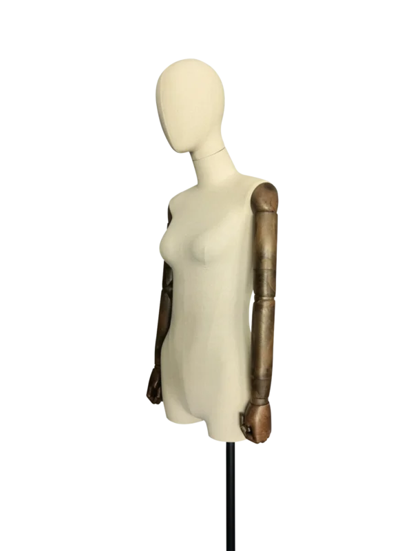 xintu premium linen female half-body display mannequin adjustable dark wooden arms black tripod base side view