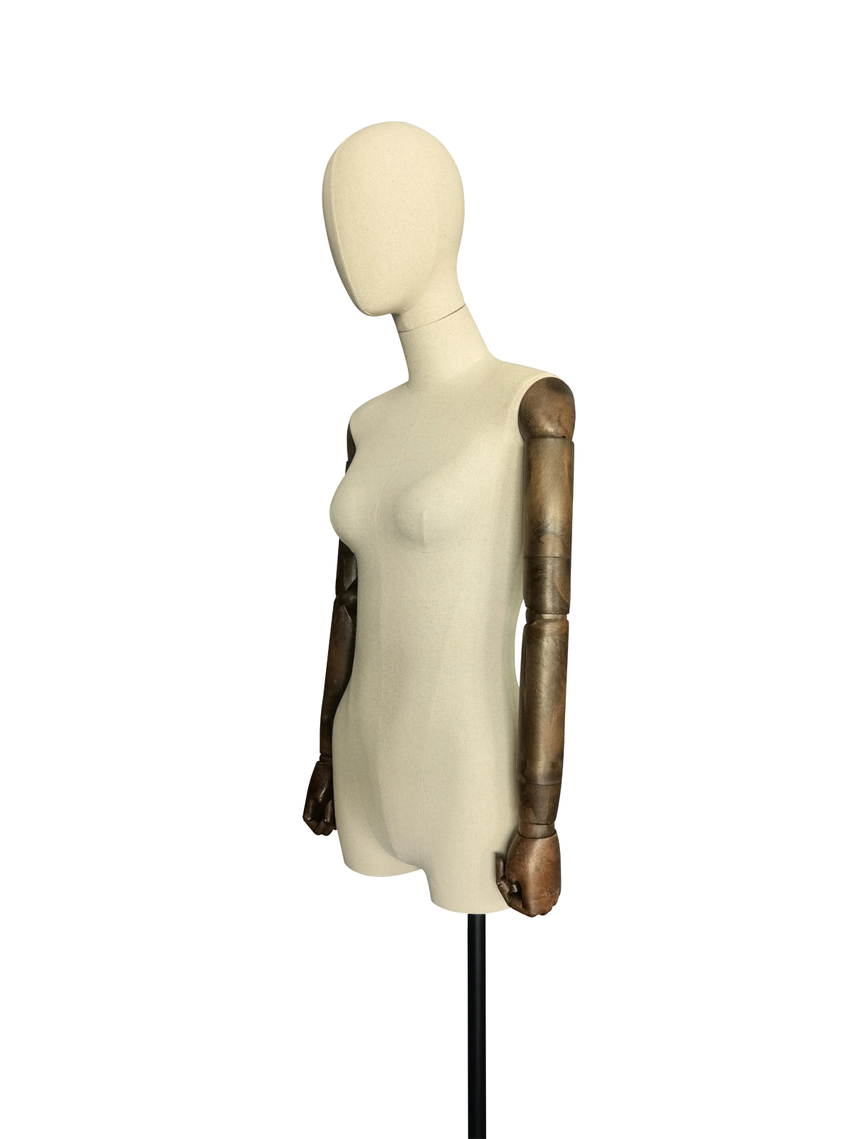 Maniquí de medio cuerpo femenino Xintu Premium Linen, brazos ajustables de madera oscura, base trípode negra, vista lateral