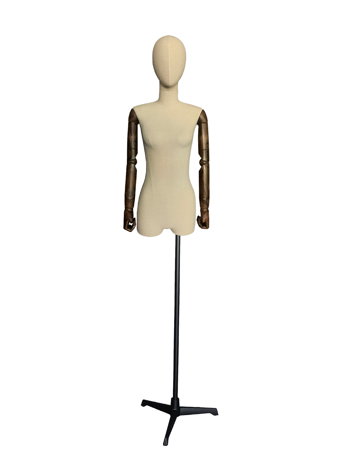 Maniquí de medio cuerpo femenino de lino premium Xintu, brazos ajustables de madera oscura, base trípode negra, vista frontal