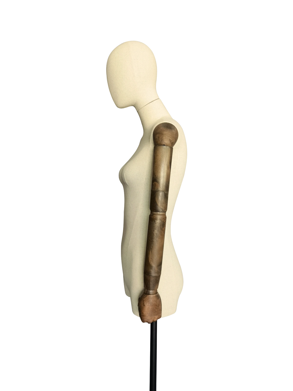 Maniquí de medio cuerpo femenino Xintu Premium Linen, brazos ajustables de madera oscura, base trípode negra, vista lateral