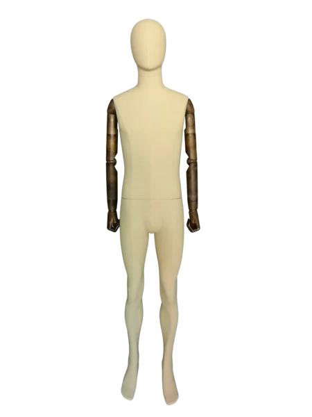 Mannequin masculin en pied personnalisé en lin, avec bras articulés en bois et socle métallique carré | XINTU