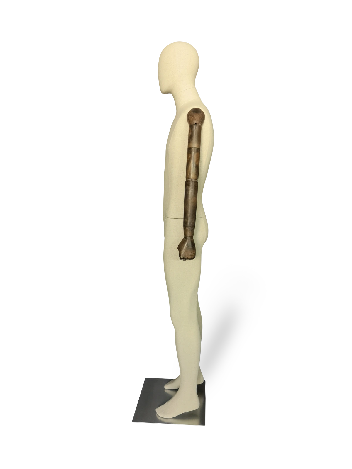 หุ่นจำลองแบบเต็มตัวสำหรับผู้ชายทำจากผ้าลินินพรีเมียม Xintu สามารถปรับแขนไม้สีเข้มได้ ฐานโลหะขัดเงา ด้านข้างเป็นทรงสี่เหลี่ยม