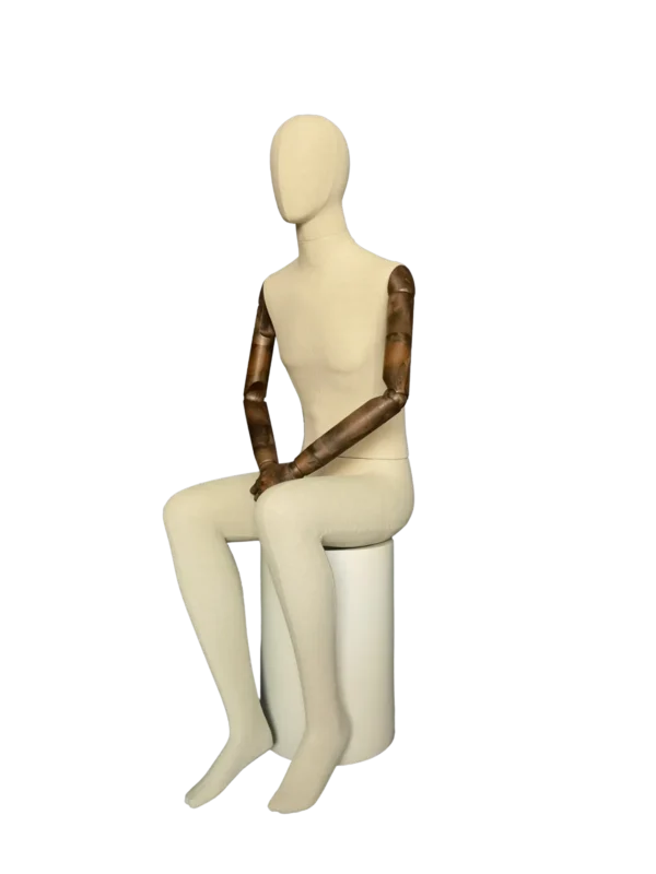 xintu premium linen male seated display mannequin adjustable dark wooden arms side view