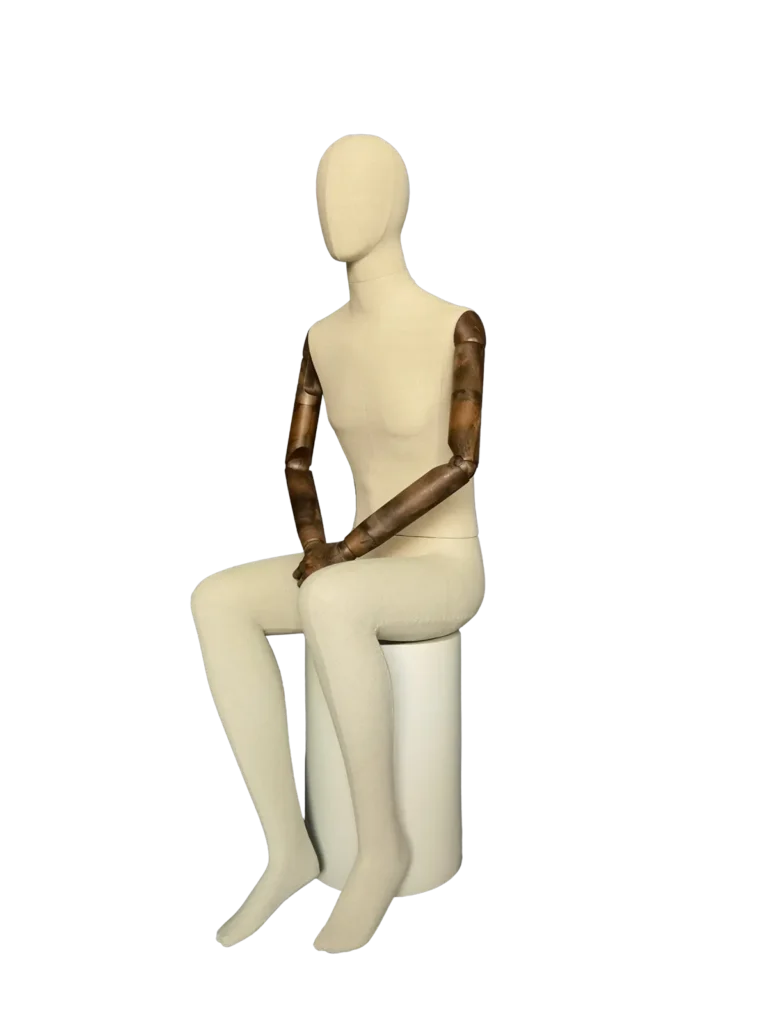 xintu premium linen male seated display mannequin adjustable dark wooden arms side view