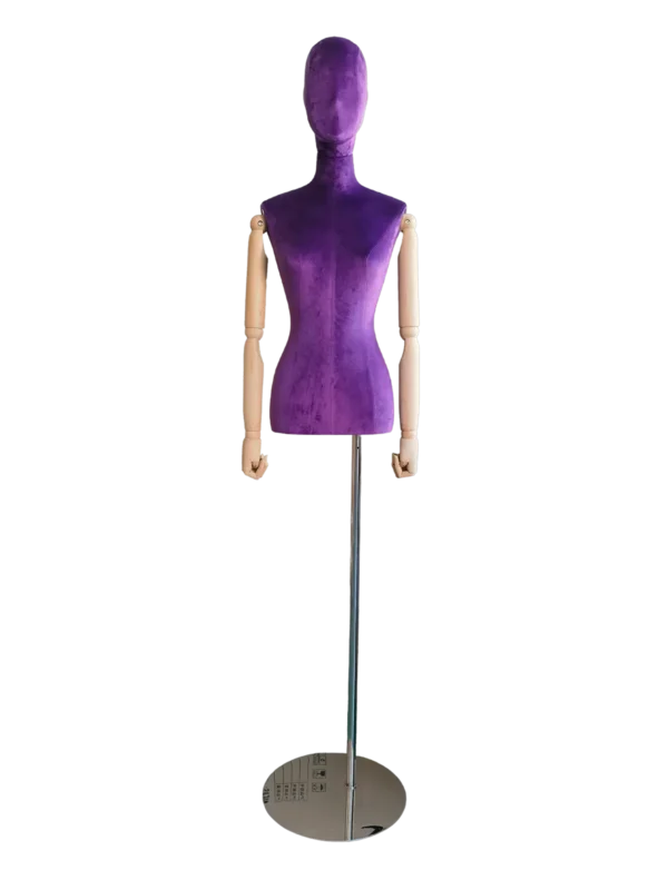 xintu premium purple velvet female half-body display mannequin adjustable wooden arms silver round base front view