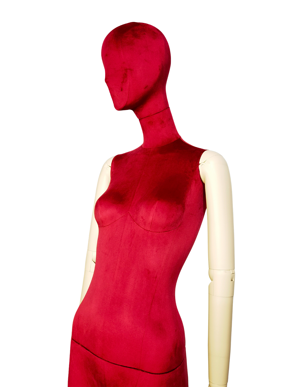 หุ่นโชว์หญิงกำมะหยี่สีแดงพรีเมียม xintu ปรับได้ แขนสีขาว รายละเอียด มุมมองระยะใกล้ของหุ่นจำลองหญิง XINTU ที่มีลำตัวและศีรษะที่เป็นกำมะหยี่สีแดงสดใส พร้อมแขนปรับได้ที่ตัดกันเป็นสีขาว.