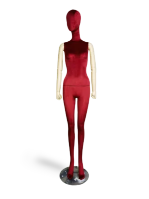 หุ่นโชว์แบบเต็มตัวหญิง xintu-premium-กำมะหยี่สีแดง-ปรับได้-แขนสีขาว-ฐานโลหะ-ด้านหน้า หุ่นจำลองหญิงเต็มตัวผ้ากำมะหยี่สีแดงพรีเมียม Xintu ปรับได้ แขนสีขาว ฐานโลหะ มุมมองด้านหน้า
