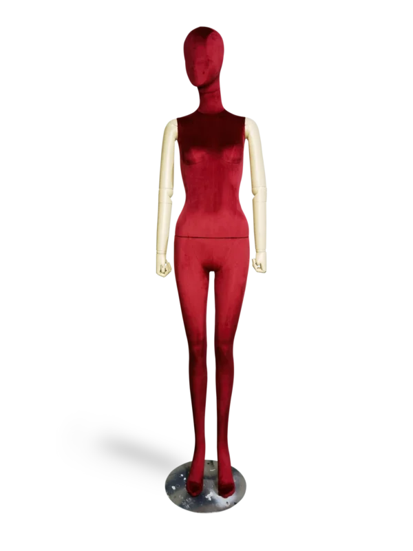 xintu premium red velvet female full-body display mannequin adjustable white arms metal base front view