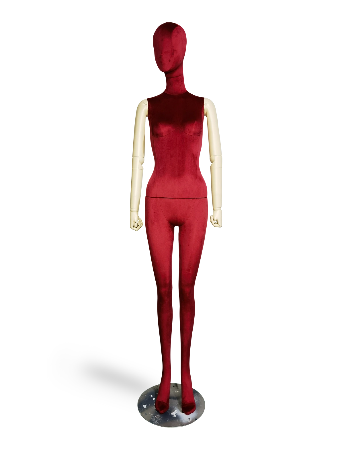 หุ่นโชว์แบบเต็มตัวหญิง xintu-premium-กำมะหยี่สีแดง-ปรับได้-แขนสีขาว-ฐานโลหะ-ด้านหน้า หุ่นจำลองหญิงเต็มตัวผ้ากำมะหยี่สีแดงพรีเมียม Xintu ปรับได้ แขนสีขาว ฐานโลหะ มุมมองด้านหน้า