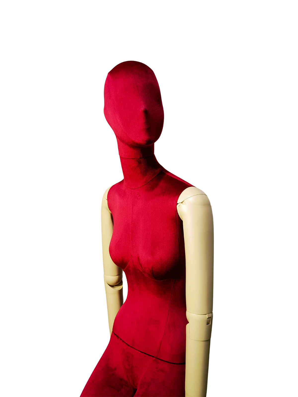 หุ่นโชว์แบบนั่งหญิงกำมะหยี่สีแดงพรีเมียม xintu-ปรับแขนได้-สีขาว-รายละเอียด หุ่นจำลองนั่งหญิงกำมะหยี่สีแดงพรีเมียม xintu พร้อมแขนปรับได้สีขาว