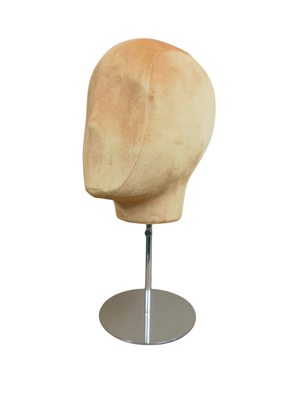 Exhibidor abstracto de terciopelo premium Xintu con soporte ajustable de metal plateado, base redonda y vista en ángulo.