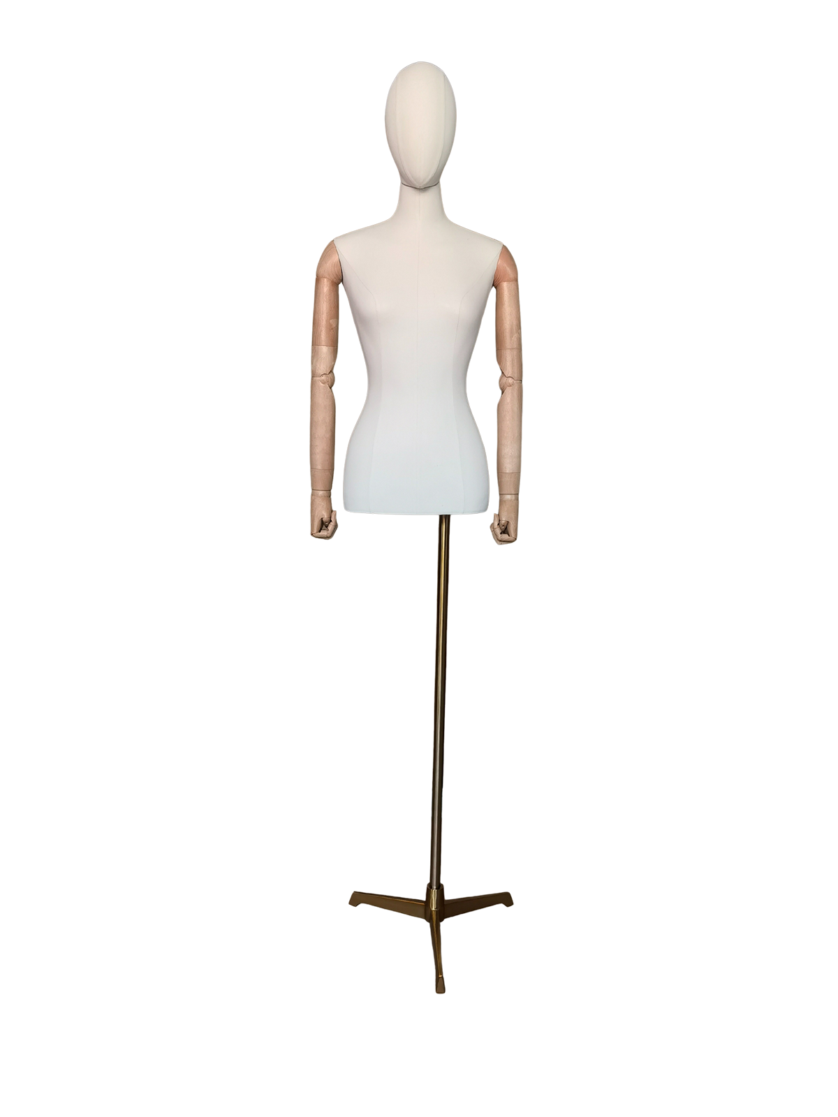 Maniquí de medio cuerpo femenino Xintu Premium de tela blanca, con brazos de madera ajustables y base trípode dorada para tiendas de moda.