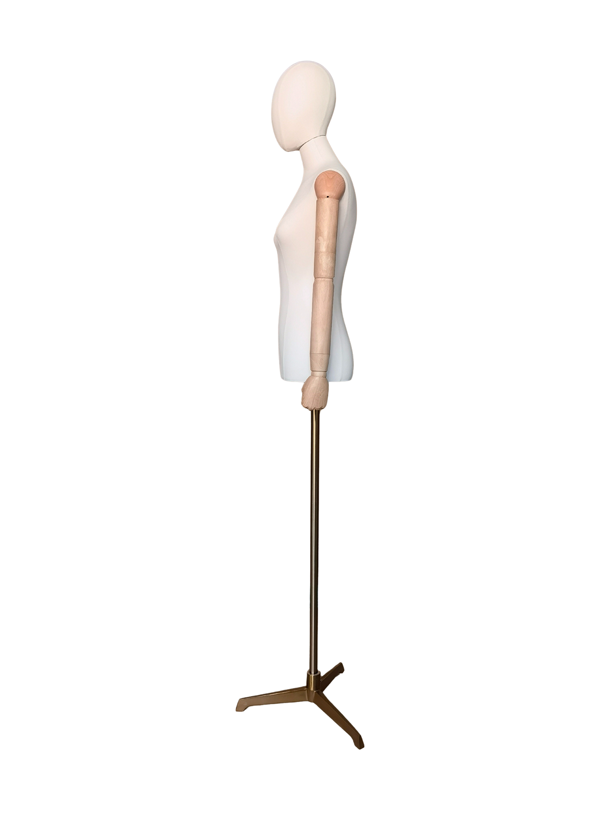 Maniquí de medio cuerpo femenino Xintu Premium de tela blanca, con brazos de madera ajustables y base trípode dorada para exhibiciones de moda.