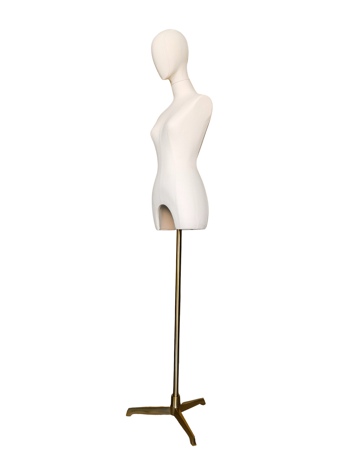 Maniquí de medio cuerpo femenino Xintu de tela blanca premium con base trípode dorada y diseño sin manos.