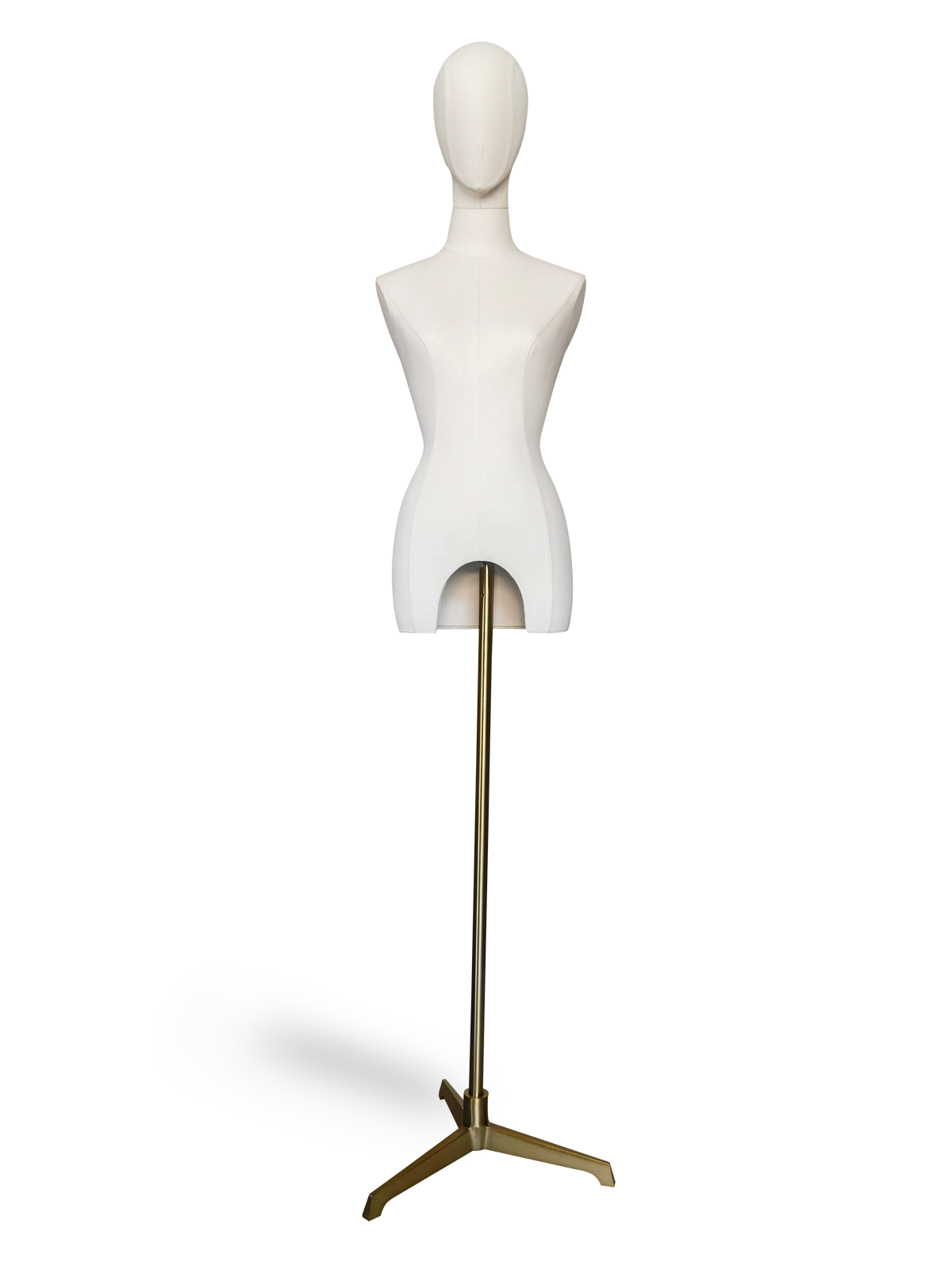 Maniquí de medio cuerpo femenino Xintu Premium de tela blanca, con brazos de madera ajustables y base trípode dorada, sin manos.