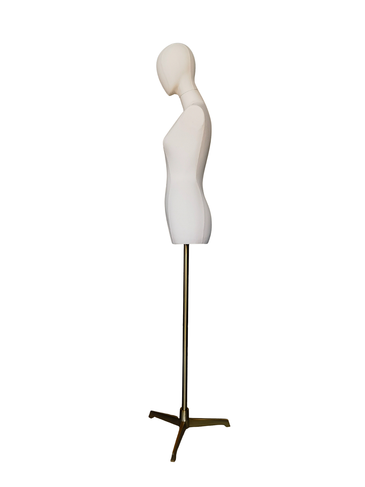 Perfil lateral del torso de un maniquí femenino XINTU de tela blanca premium, sin cabeza ni brazos, sobre un trípode dorado.