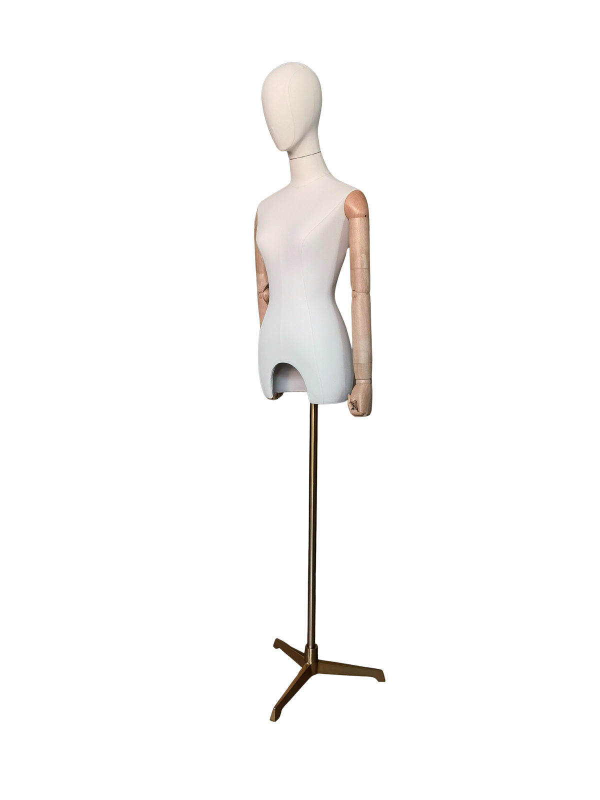 Maniquí de medio cuerpo femenino Xintu Premium de tela blanca, con brazos de madera ajustables y base trípode dorada para exhibición en tiendas.