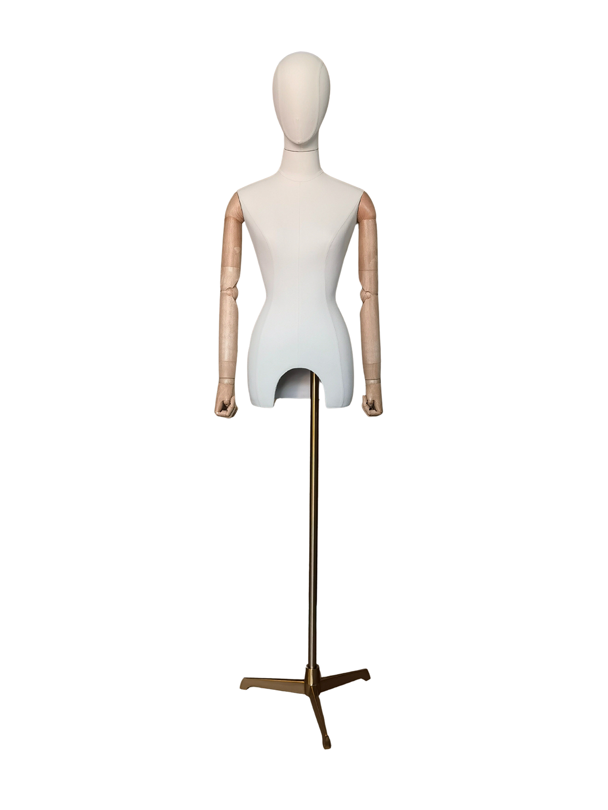 Maniquí de medio cuerpo femenino Xintu Premium de tela blanca, con brazos de madera ajustables y base trípode dorada para exhibición en tiendas.