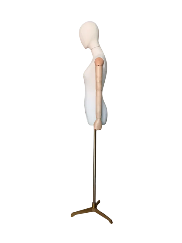 xintu premium white fabric female half-body display mannequin with adjustable wooden arms and gold tripod base for fashion retail