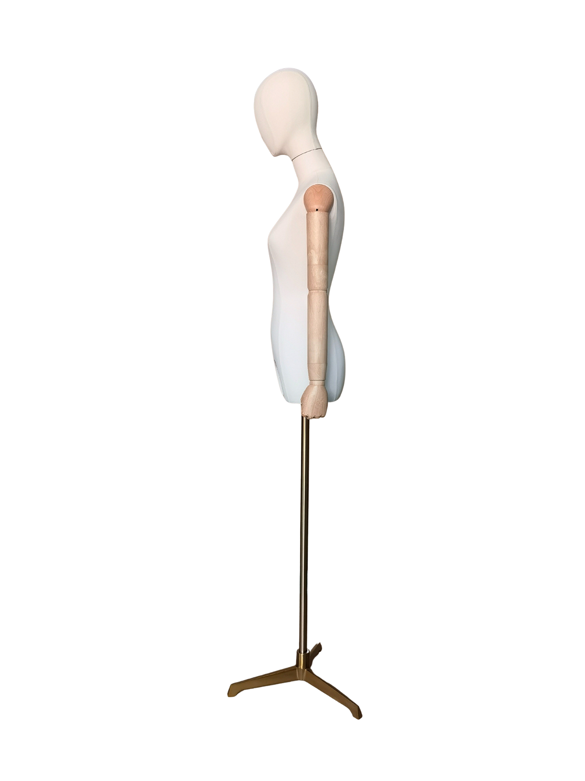 Maniquí de medio cuerpo femenino Xintu Premium de tela blanca, con brazos de madera ajustables y base trípode dorada para tiendas de moda.