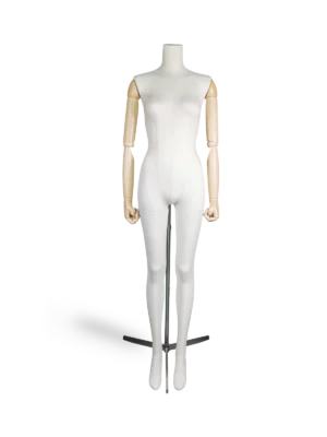 xintu-premium-white-linen-female-full-body-display-mannequin-yohji-yamamoto-adjustable-wooden-arms-silver-tripod-base-front xintu プレミアムホワイトリネン女性全身マネキン、調節可能な木製アームとシルバー三脚メタルベース付き、デザイナーファッションディスプレイ用