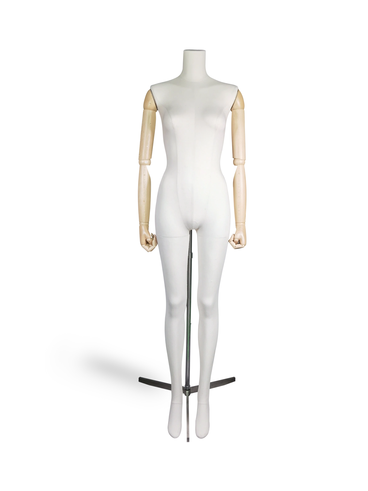 xintu-premium-white-linen-female-full-body-display-mannequin-yohji-yamamoto-adjustable-wooden-arms-silver-tripod-base-front xintu プレミアムホワイトリネン女性全身マネキン、調節可能な木製アームとシルバー三脚メタルベース付き、デザイナーファッションディスプレイ用