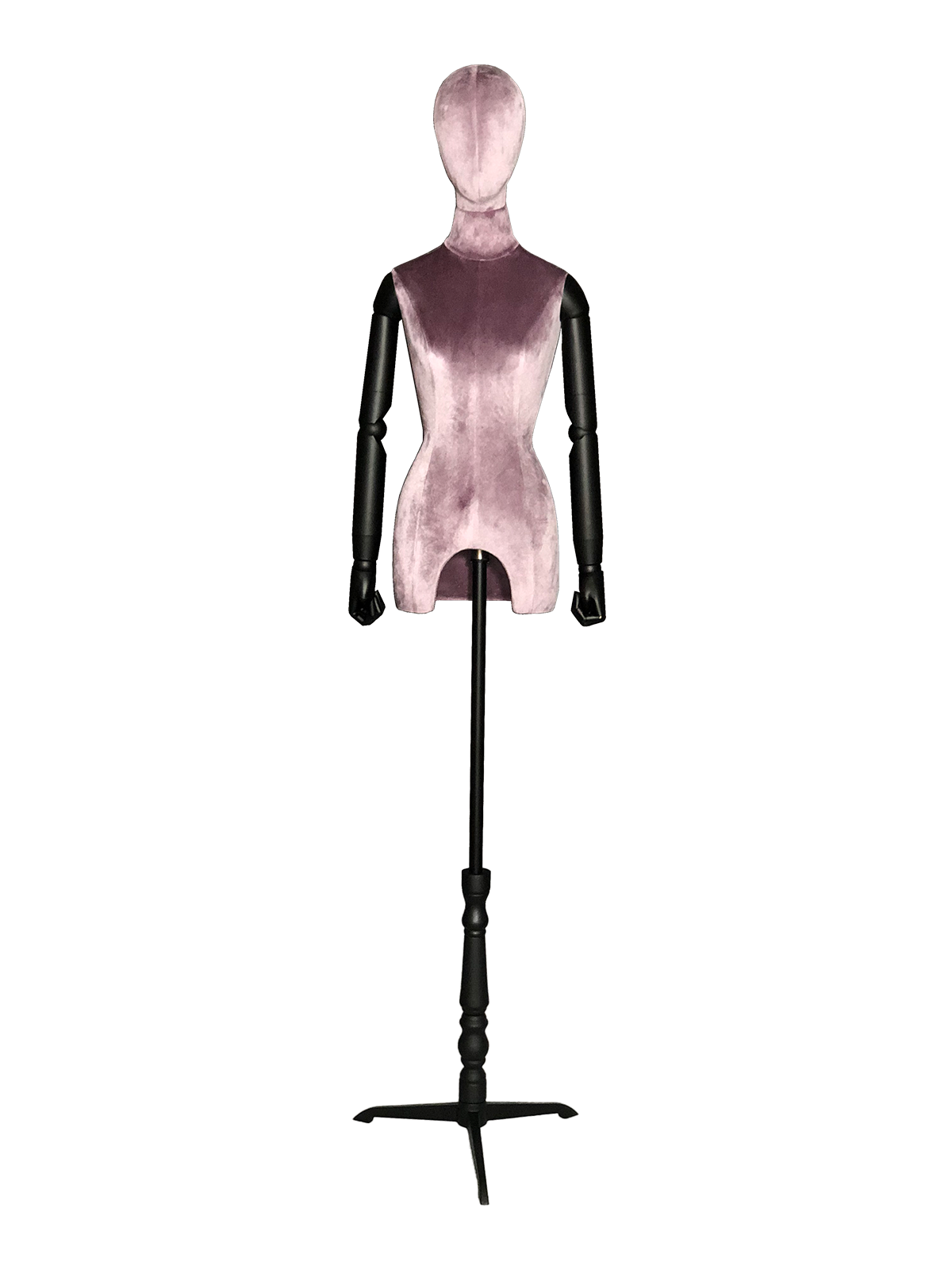 มุมมองด้านหน้าของหุ่นจำลองครึ่งตัวหญิงของ XINTU หุ้มด้วยกำมะหยี่สีชมพูอมม่วง มีหัวแบบนามธรรม แขนปรับได้สีดำ และขาตั้งสีดำ.