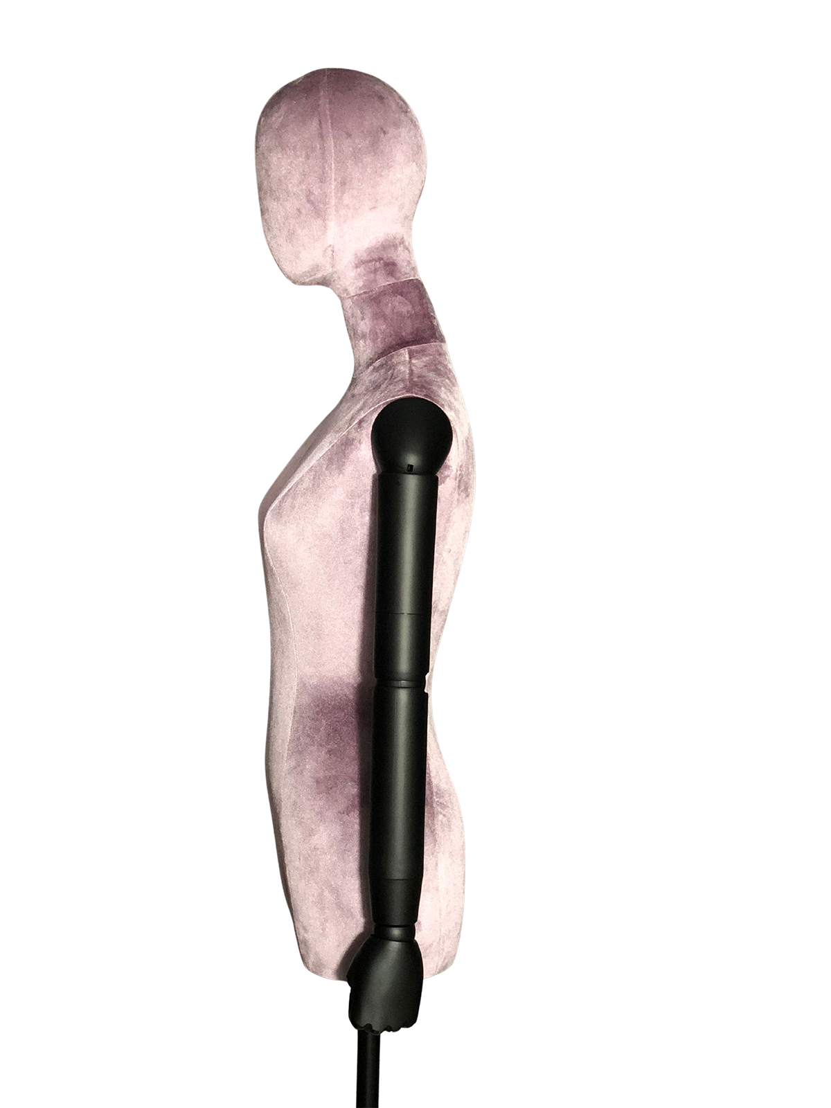 ด้านข้างของหุ่นจำลองลำตัวหญิง XINTU หุ้มด้วยกำมะหยี่สีชมพูอมม่วง มีหัวแบบนามธรรมและแขนปรับระดับสีดำ.