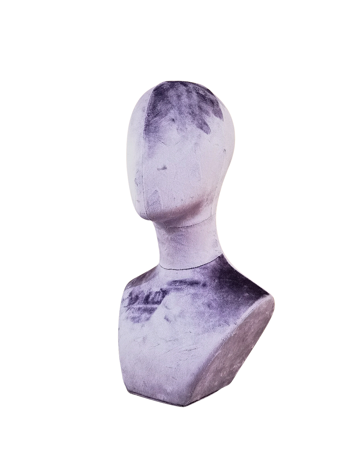 Schräge Ansicht einer abstrakten XINTU-Mannequin-Büste mit Kopf und Hals, bezogen mit rosaviolettem Samt zur Präsentation von Accessoires.