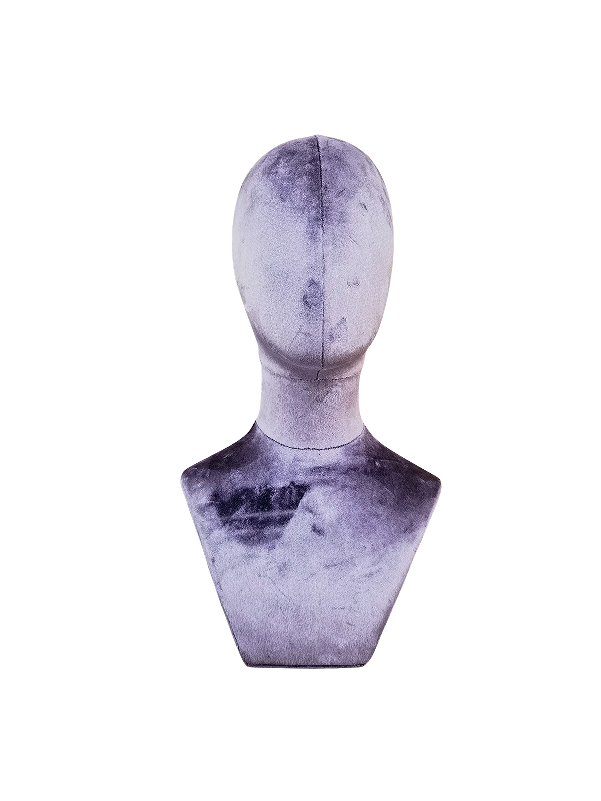 Vorderansicht einer abstrakten XINTU-Mannequin-Büste mit Kopf und Hals, bezogen mit rosaviolettem Samt zur Präsentation von Accessoires.