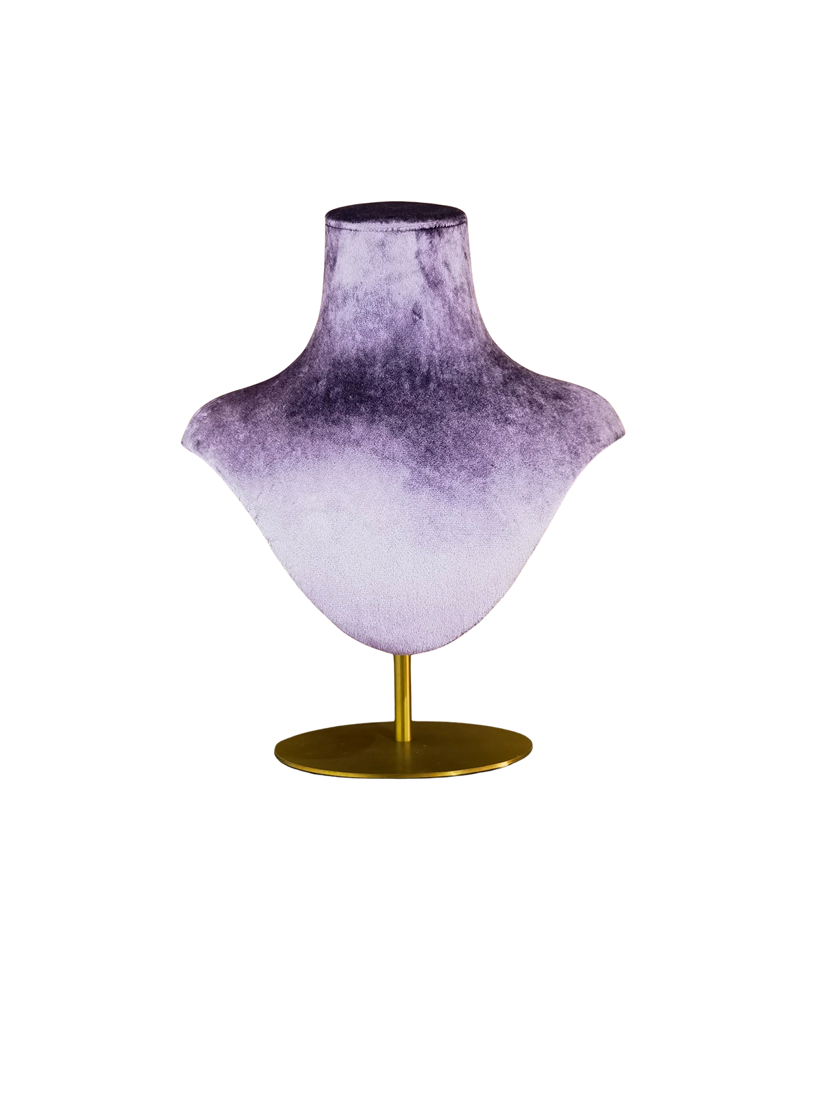 xintu-purple-velvet-necklace-display-stand-depan-pandangan Pandangan hadapan payudara paparan rantai XINTU, dilapisi baldu ungu merah jambu, pada kaki logam bulat emas.